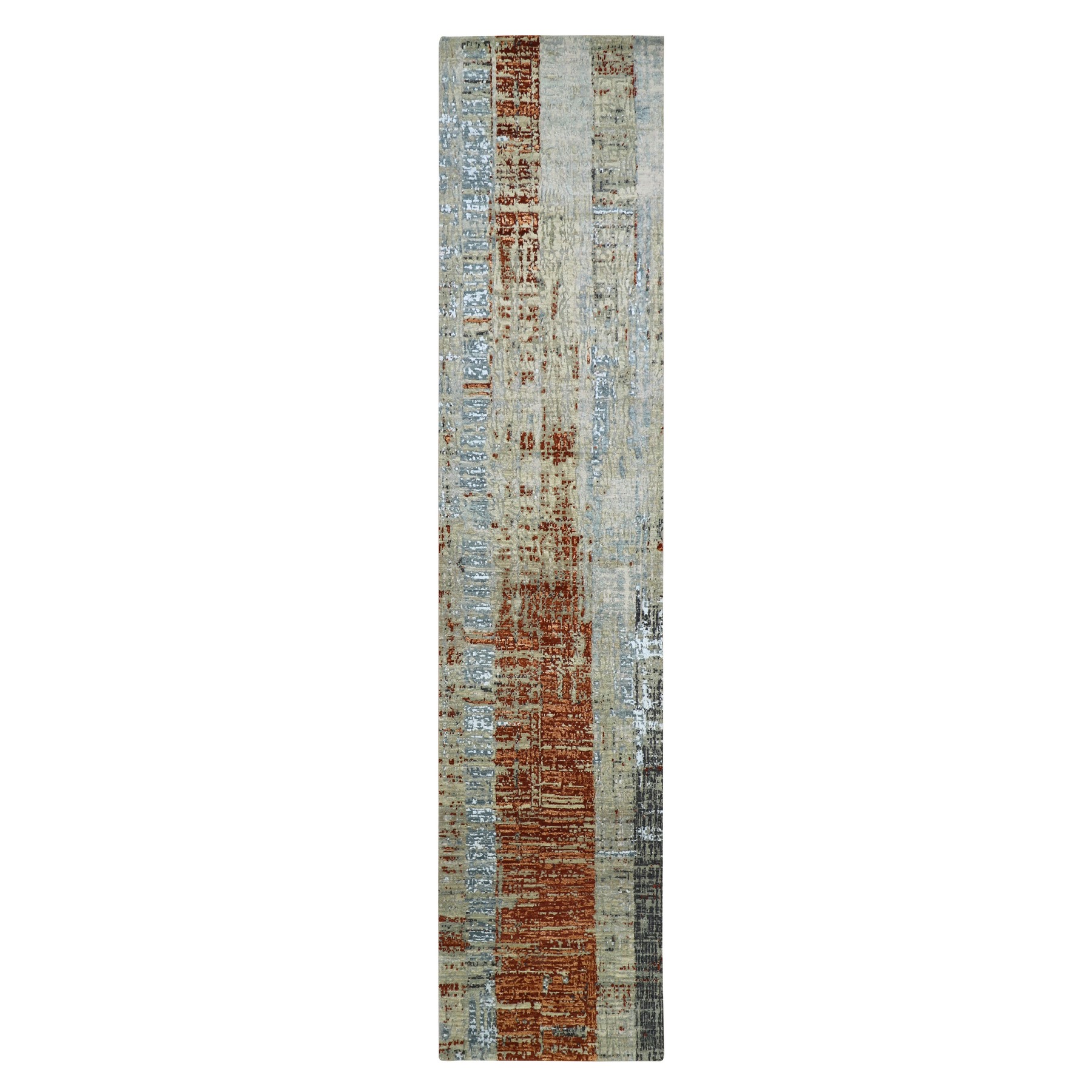 Beige with Rust Orange, Persian Knot, Abstract with Galaxy Design, 100% Wool, Hand Knotted, Densely Woven, Runner, Oriental Rug